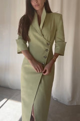 Elegant Look Linen Blend Stand Lapel Neck Half Sleeve Side Button Midi Dress