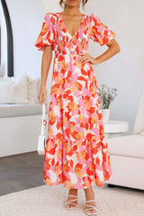 Holiday Flower Print Puff Sleeve Midi Dress