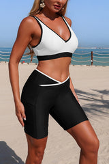 Stylish V-neck Pocketed Stretch Two-piece Bikini Swimsuit and Solid Color Long-sleeved Cover-up Set