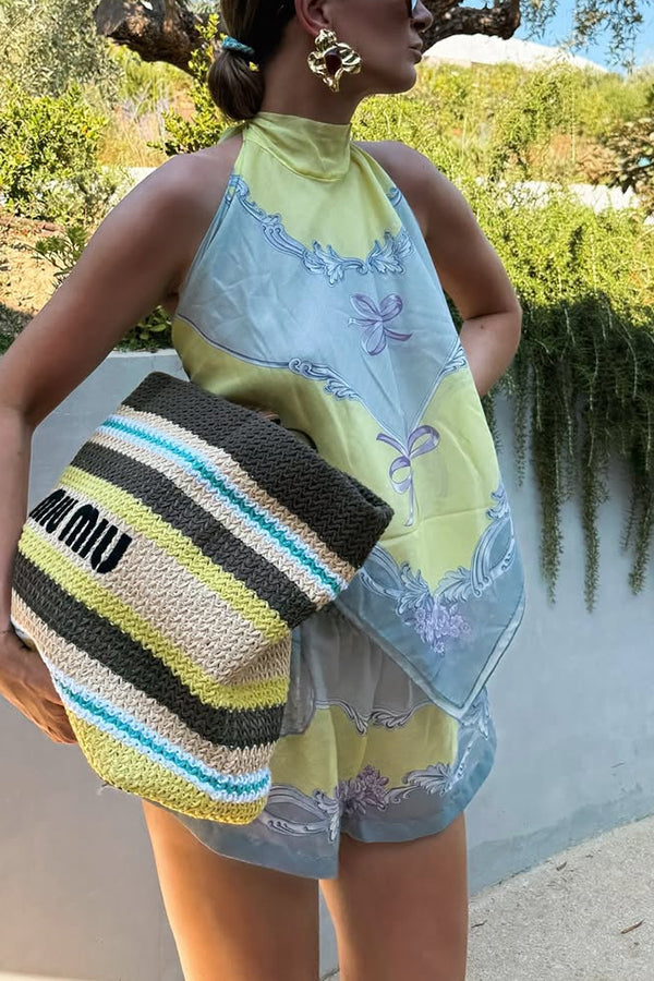 Amalfi Coast Satin Unique Print Scarf Top and Elastic Waist Pocket Loose Shorts Set