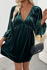 Solid Color Velvet V-neck Long-sleeved Pleated Loose Mini Dress
