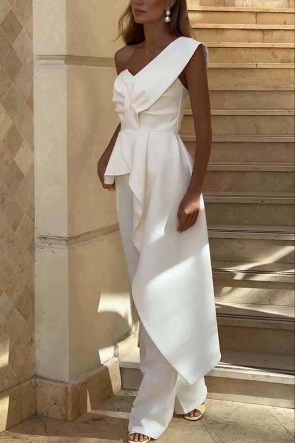 Amena One Shoulder Sweetheart Neck Ruffle Hem Top and Elastic Waist Pocket Wide Leg Pants Set