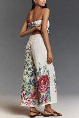 In To The Summer Linen Blend Floral Print Elastic Bandeau and Elastic Waist Pocket Loose Pants Set