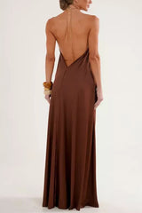 Ocean Goddess Metal Circular Chain Halter Backless Vacation A-line Maxi Dress