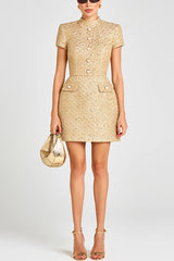 Gold Standard Tweed Fabric Pearl Button Short Sleeve Pocketed Mini Dress