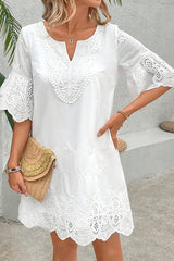 Solid Color Hollow Embroidery Casual Lace V-Neck Mini Dress
