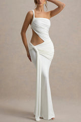 Sexy One-shoulder Backless Ribbon Pleated Slim Maxi Dress