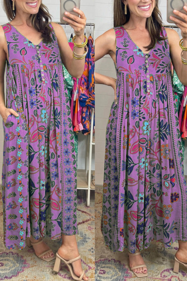 Vintage Boho Floral Print Pocketed Loose Jumpsuit