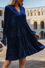 Solid Color Velvet V-Neck Long Sleeve Elegant Loose Mini Dress