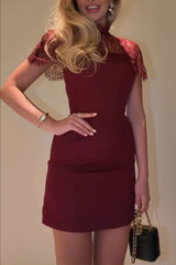 Night on The Town Lace High Neck Cape Back Lace-up Slip Mini Dress