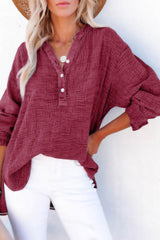 Solid Color Long Sleeve Pleated Button Loose Top