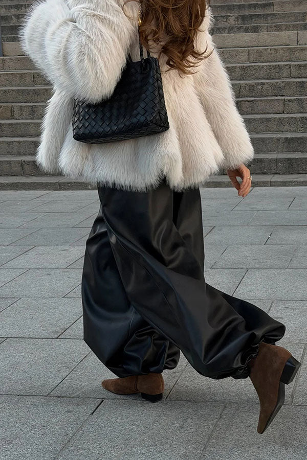 Comfortable and Modern Faux Leather Elastic Wst Pocket Bubble Hem Pants