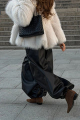 Comfortable and Modern Faux Leather Elastic Wst Pocket Bubble Hem Pants