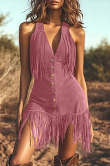 Sexy V-neck Sleeveless Button-down Fringe Fitted Mini Dress