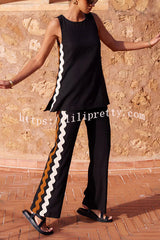 Tash Linen Blend Ric Rac Wave Trim Tank and Elastic Waist Pocket Flare Pants Set