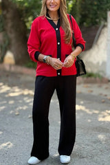 Stylish Color-blocked V-neck Knitted Button-down Cardigan and Elastic Waist Casual Wide-leg Pants Set