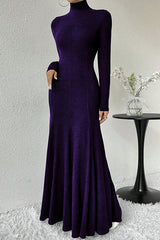 Solid Color High-neck Long-sleeved Slim-fit Fishtail Elegant Maxi Dress