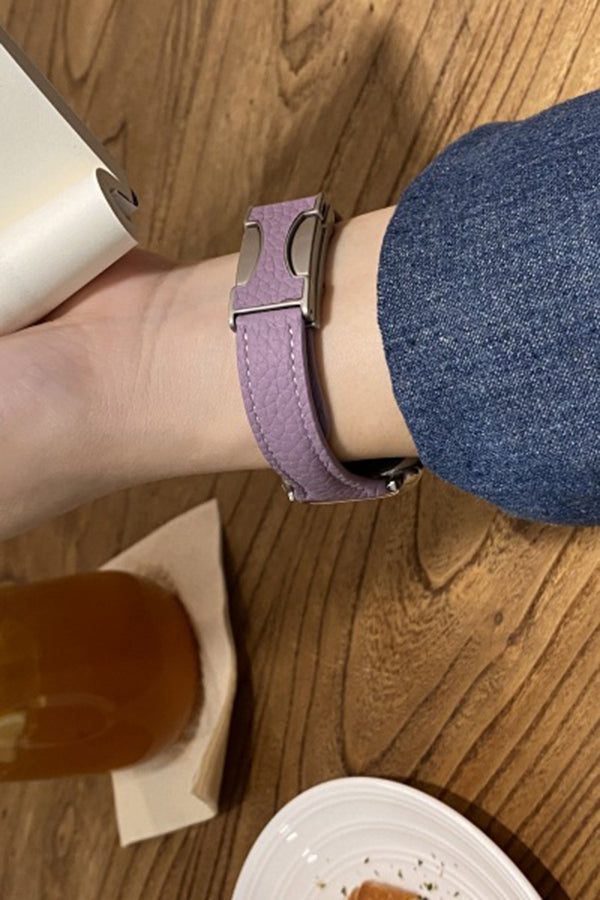 Fashionable Genuine Leather Lychee Pattern Double C Magnetic Buckle Watch Strap