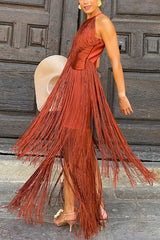 Fashion Sleeveless Halter Neck Elegant Tassel Slim Maxi Dress