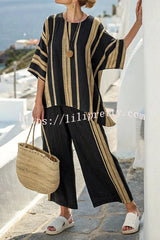 Linen Blend Unique Print Half Sleeve Top and Elastic Waist Pocket Loose Pants Set