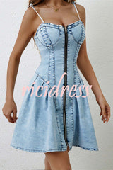 Fashionable Patchwork Suspender Zipper Slim Denim Mini Dress