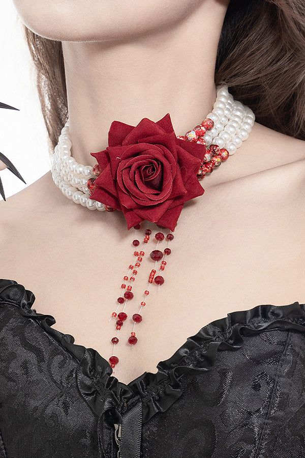 Halloween Dark Blood-stained Pearl Beaded Rose Necklace