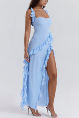 Ultra-se Silhouette Ruffle High Slit Lightweight Maxi Dress