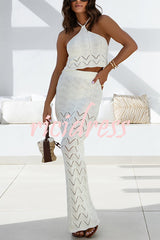 Solid Knit Hollow Halter Top and Stretch Fit Maxi Skirt Set