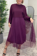 Fenna Ribbed Sequin Trim Batwing Sleeve Sweater and Pleated Tulle Stretch Tank Midi Dress Two-piece Set