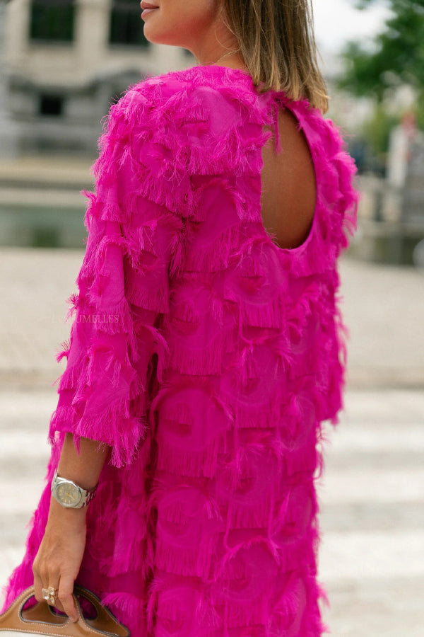 Solid Color Loose Round Neck Casual Tassel Mini Dress