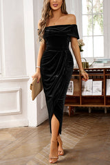 Solid Color Velvet Off-shoulder Slim-fit Elegant Slit Midi Dress