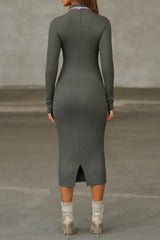 Solid Color Casual Long Sleeve High Neck Slim Midi Dress