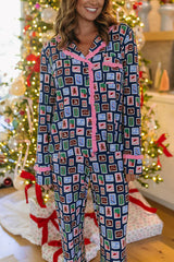 Postcards To Santa Unique Print Ruffles Trim Pocket Shirt and Elastic Waist Pajama Set