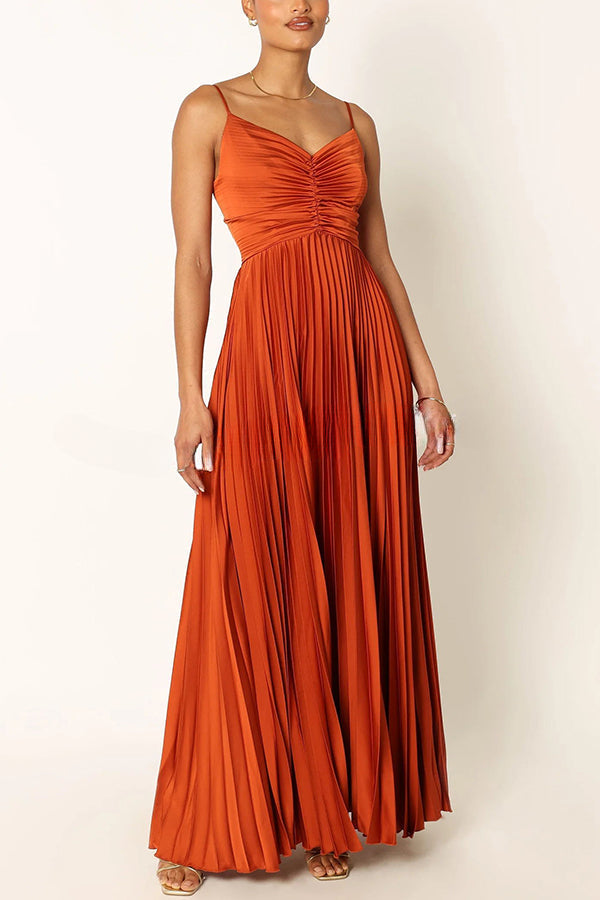A Dreamy Escape Satin Adjustable Straps Pleated Maxi Dress