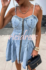 Fashionable Patchwork Suspender Zipper Slim Denim Mini Dress