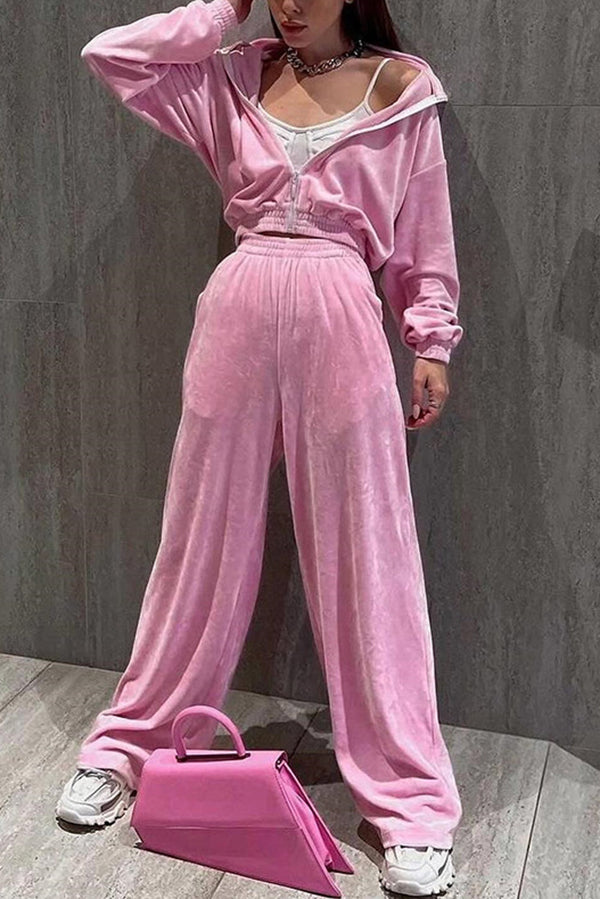 Solid Color Velvet Long-sleeved Zip-up Sweatshirt and Elastic Waist Casual Pocket Straight-leg Pants Set