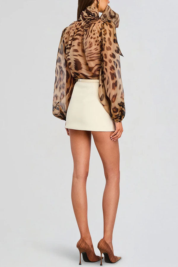Peregrine Semi-sheer Silk Animal Print Bow Neck Balloon Sleeve Loose Blouse
