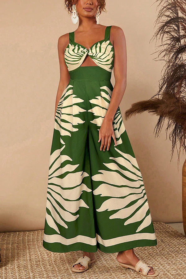 Unique Printed Open Back Pleated Casual Wide-leg Jumpsuit