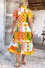 Bohemian Resort Style Print Casual Short Sleeve Button Midi Dress