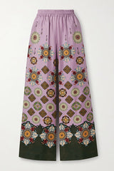 Satin Unique Print Loose Batwing Sleeve Top and Elastic Waist Pocket Casual Wide-leg Pants Set