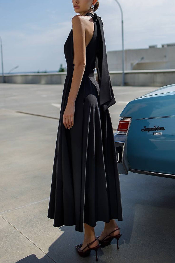 Solid Color Halter Neck Bow Tie Elegant Waist-cinching Midi Dress