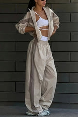 Fashionable Contrasting Long-sleeved Loose Coat and Elastic Waist Wide-leg Pants Set