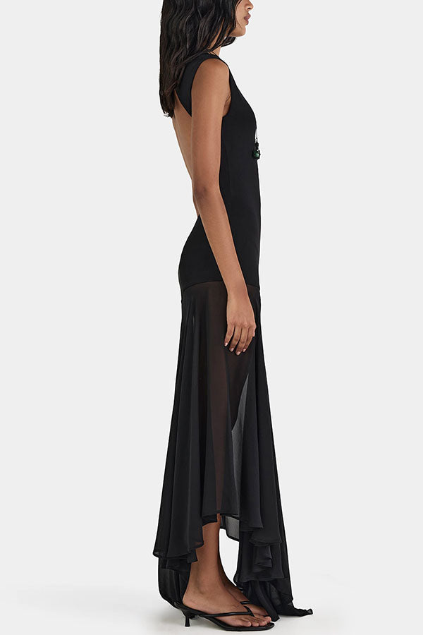Alice Open Back Asymmetrical Tulle Hem Stretch Maxi Dress