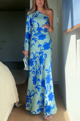 Satin Botanical Print One-Sleeve Resort Maxi Dress