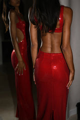 Eye Catching Sequin Cutout Waist Wide Strap Bacakless Maxi Dress