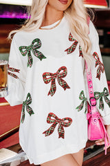 Christmas Plaid Bow Sequin Loose Casual Long-sleeved Sweatshirt