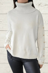 Solid Color Casual Turtleneck Button Decoration Long Sleeve Loose Knit Sweater