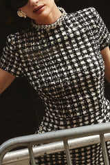 Eve Check Bouclé-tweed Fabric Pearl Trim Short Sleeve Pocketed Mini Dress