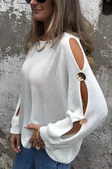 Solid Color Round Neck Hollow Long Sleeve Loose Knitted Sweater