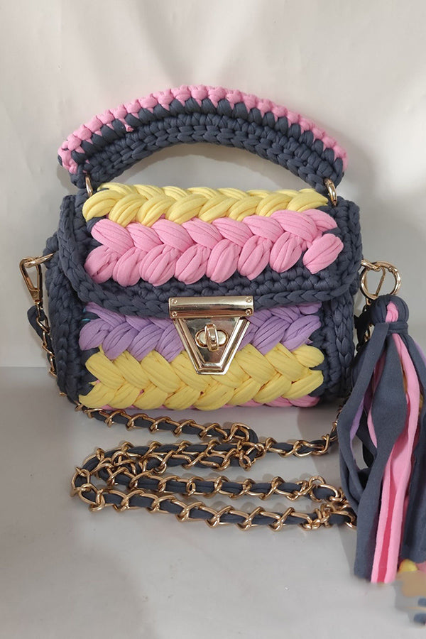Contrast Color Stitching Braided Chain Tassel Bag